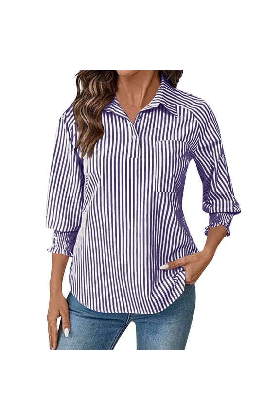 Womens Button Down Shirts 3/4 Sleeve Smocked Cuffed Business Work Tunic Top with Pocket Collared Blouses
