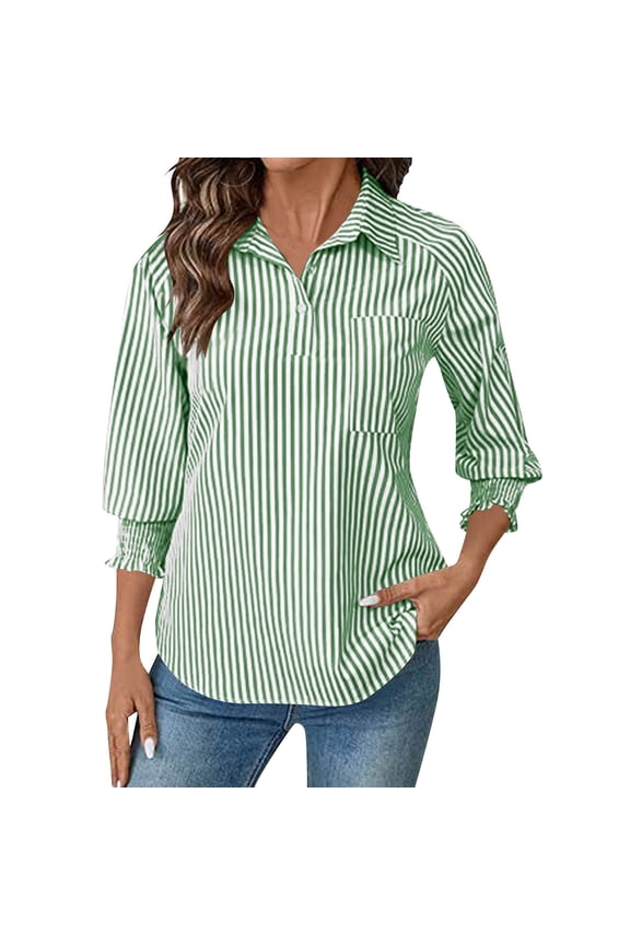 Womens Button Down Shirts 3/4 Sleeve Smocked Cuffed Business Work Tunic Top with Pocket Collared Blouses