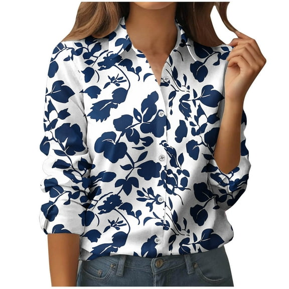 Womens Button Down Shirts Bust Pocket Lapel Long Sleeve Blouses Business Casual Work Tops Outfits Blue XL