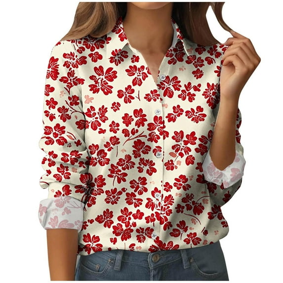 Womens Button Down Shirts Bust Pocket Lapel Long Sleeve Blouses Business Casual Work Tops Outfits Red XL