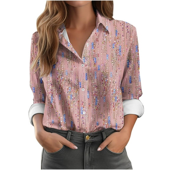 Womens Button Down Shirts Casual 3/4 Length Sleeve Crewneck Blouses Trendy Business Work Tops Summer Basic Tees