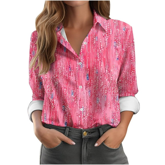 Womens Button Down Shirts Casual 3/4 Length Sleeve Crewneck Blouses Trendy Business Work Tops Summer Basic Tees