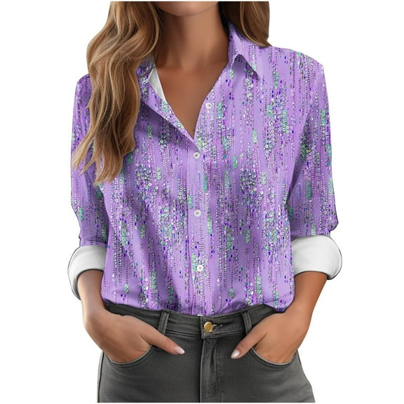 Womens Button Down Shirts Casual 3/4 Length Sleeve Crewneck Blouses Trendy Business Work Tops Summer Basic Tees