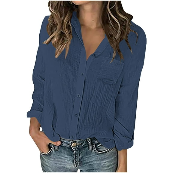 Womens Button Down Shirts Casual Long Sleeve Cotton Dressy Shirt Oversized Boyfriend Solid Tunic Tops with Pockets