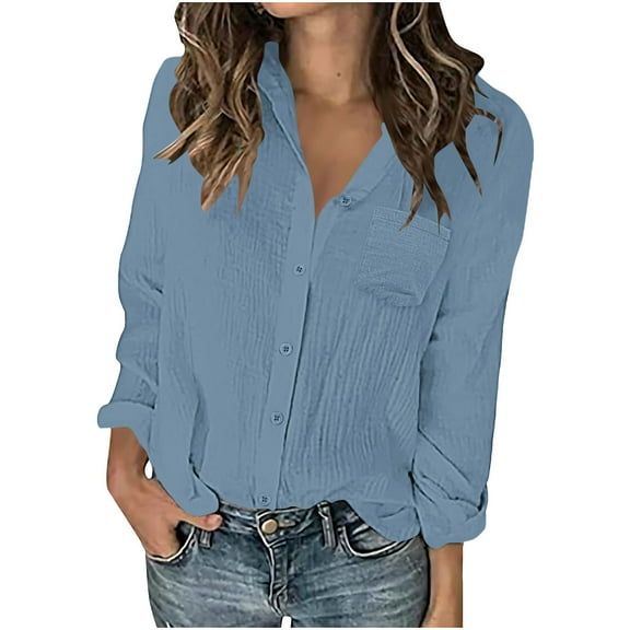 Womens Button Down Shirts Casual Long Sleeve Cotton Dressy Shirt Oversized Boyfriend Solid Tunic Tops with Pockets