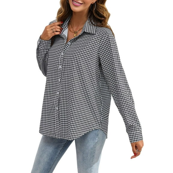 Womens Button Down Shirts Casual Long Sleeve Plaid Graphic Shirts Trendy Collared Loose Blouse Tops Black L