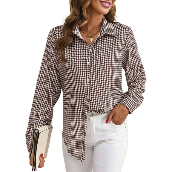 Womens Button Down Shirts Casual Long Sleeve Plaid Graphic Shirts Trendy Collared Loose Blouse Tops Coffee Color M