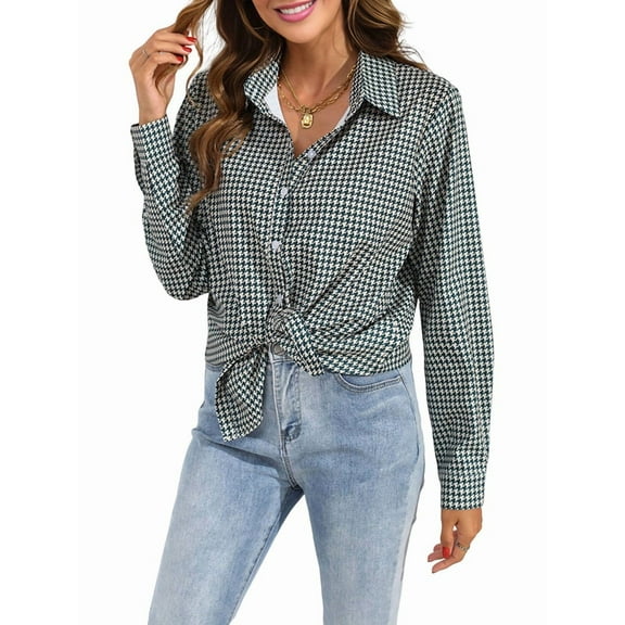 Womens Button Down Shirts Casual Long Sleeve Plaid Graphic Shirts Trendy Collared Loose Blouse Tops Green XL