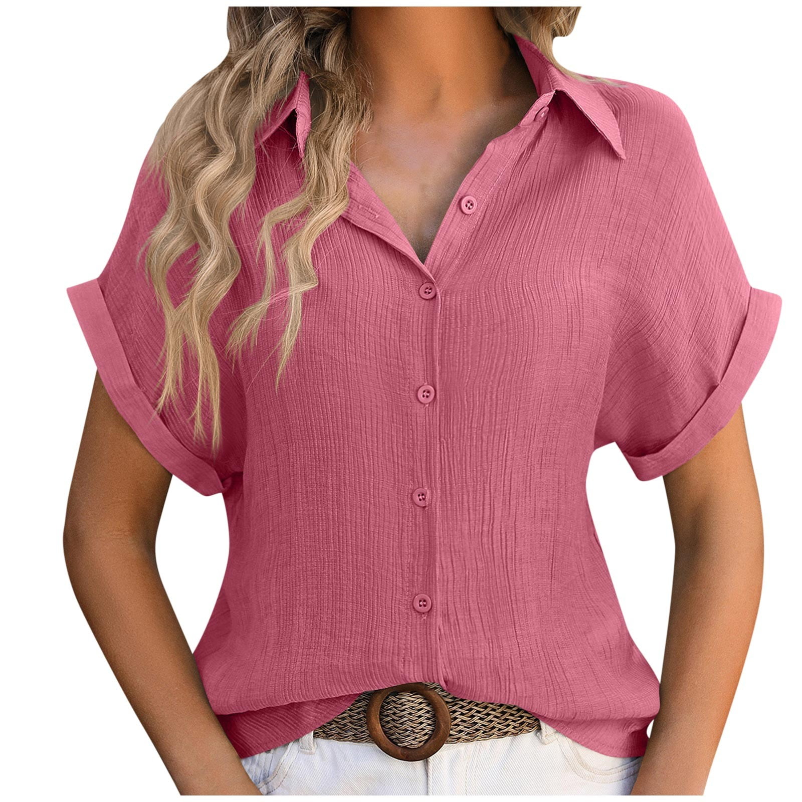 Vigerkar Womens Button Down Shirts Casual Short Sleeve Dress Shirt Textured Collared Summer Work Blouse White L