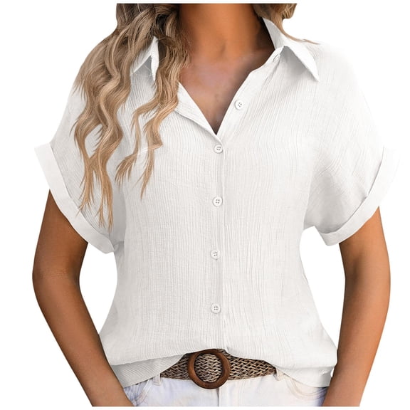 Womens Button Down Shirts Casual Short Sleeve Dress Shirt Textured Collared Summer Work Blouse