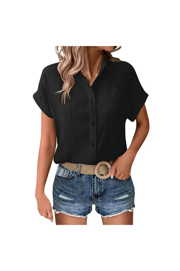 Womens Button Down Shirts Casual Short Sleeve Dress Shirt V Neck Textured Collared Summer Work Blouse