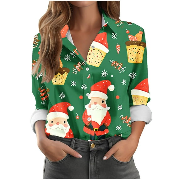 Womens Button Down Shirts Christmas Clothes Casual Fashion Long Sleeve Collared Blouses Tops Loose Fit Ladies Shirts