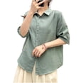 thumbnail image 1 of Womens Button Down Shirts Collar V Neck Half Sleeve Dress Shirts Casual Solid Color Summer Tops Work Blouses Green, 1 of 5