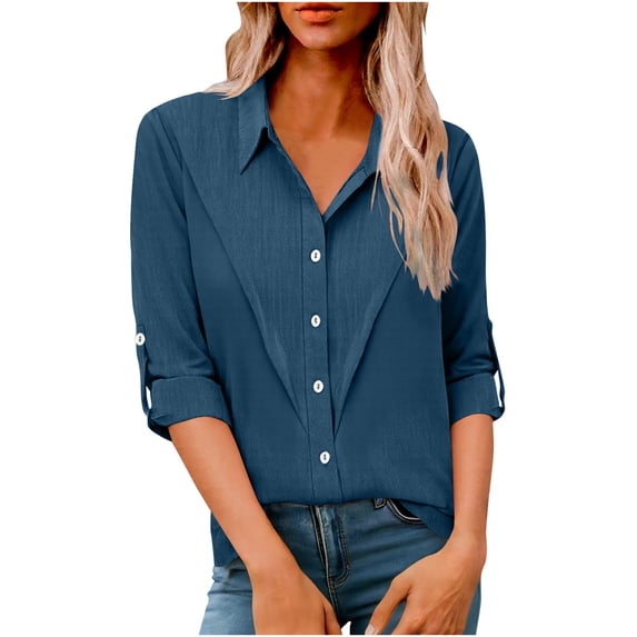 Womens Button Down Shirts Cotton Dress Long Sleeve Work Fashion Blouses Collared Tops Tunics with Pocket
