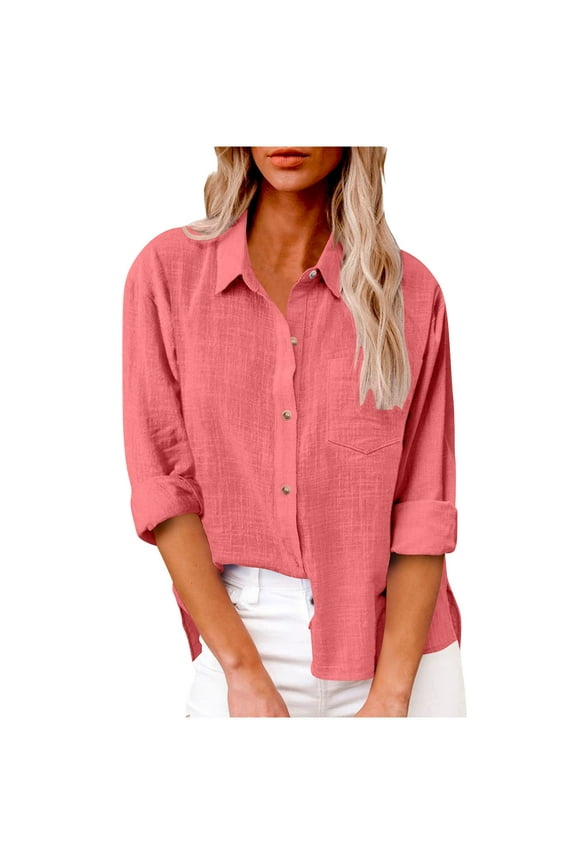 Womens Button Down Shirts Cotton Dress Shirt Long Sleeve Oversized Boyfriend Solid Tunic Tops with Pockets