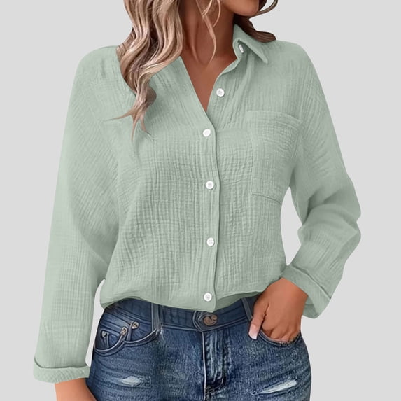 Womens Button Down Shirts Cotton Dress Shirt Long Sleeve Oversized Solid Tunic Tops with Pockets Green L