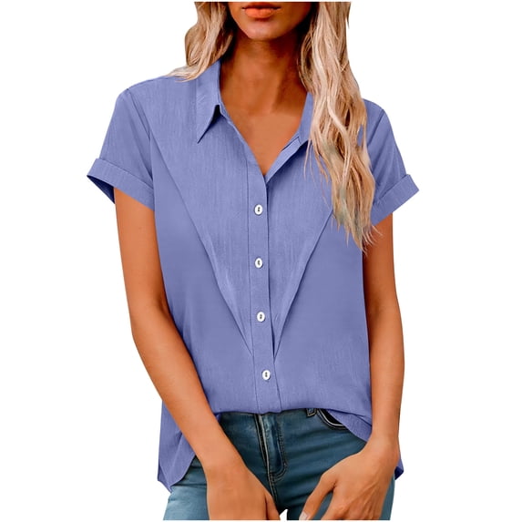 Womens Button Down Shirts Cotton Dress Short Sleeve Work Blouses Collared Tops Tunics with Pocket