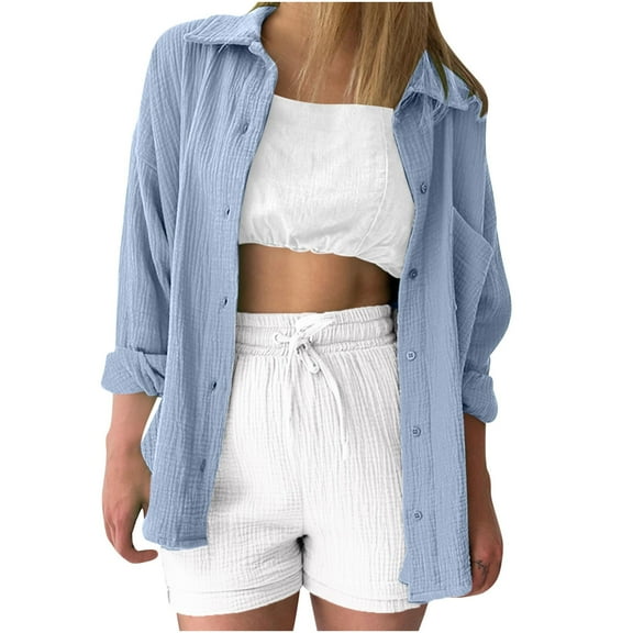 Womens Button Down Shirts Cotton Linen Long Sleeve Blouse Lapel Solid Color Casual Loose Top Fall Clothes 2025 (Light Blue L)