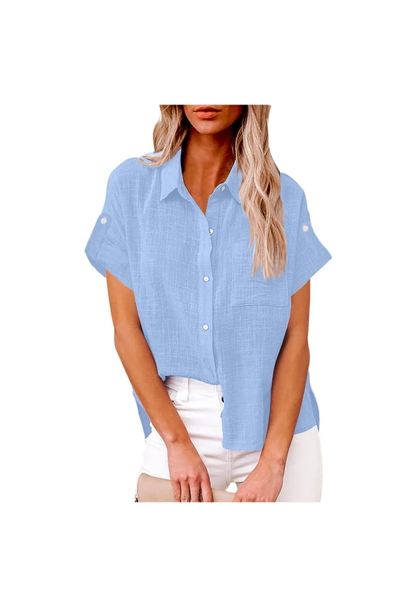 Womens Button Down Shirts Cotton Linen Long Sleeve Dress Shirts Casual Summer Tops Work Blouses with Pockets