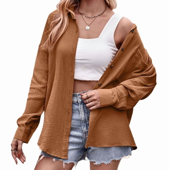 Womens Button Down Shirts Cotton Long Sleeve Oversized Boyfriend Blouses Collared Dress Tops with Pockets Coffee XL