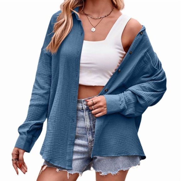 Womens Button Down Shirts Cotton Long Sleeve Oversized Boyfriend Blouses Collared Dress Tops with Pockets Fog Blue L