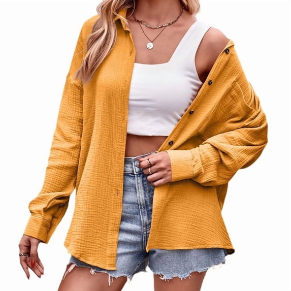 Womens Button Down Shirts Cotton Long Sleeve Oversized Boyfriend Blouses Collared Dress Tops with Pockets Turmeric XL