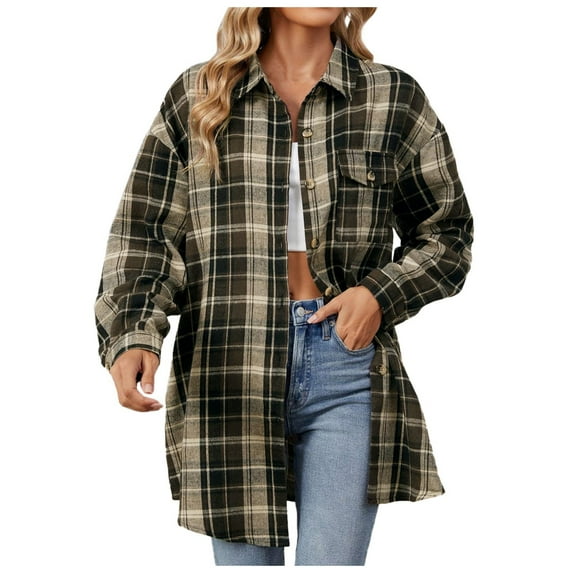 Womens Button Down Shirts Dressy Casual Plaid Print Long Sleeve Lapel Collar Tops Trendy Relaxed Fit Business Work Blouses with Pocket