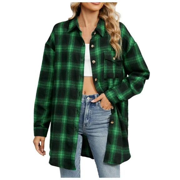 Womens Button Down Shirts Dressy Casual Plaid Print Long Sleeve Lapel Collar Tops Trendy Relaxed Fit Business Work Blouses with Pocket