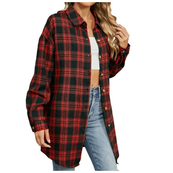 Womens Button Down Shirts Dressy Casual Plaid Print Long Sleeve Lapel Collar Tops Trendy Relaxed Fit Business Work Blouses with Pocket