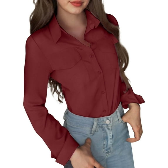 Womens Button Down Shirts Dressy Casual Solid Lapel Collar Long Sleeved Blouses Trendy Classic Fit Business Work Tops with Pockets