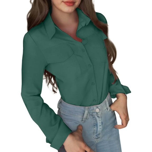 Womens Button Down Shirts Dressy Casual Solid Lapel Collar Long Sleeved Blouses Trendy Classic Fit Business Work Tops with Pockets