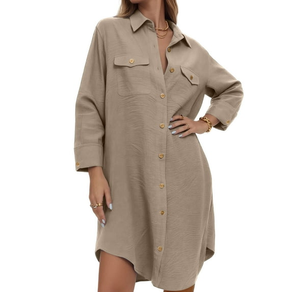 Womens Button Down Shirts Fall Long Sleeve V Neck Blouses Casual A-line Lapel Dress Top Solid Color Front Button Long Shirts with Pockets Khaki L