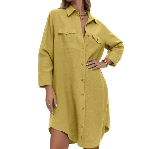 Womens Button Down Shirts Fall Long Sleeve V Neck Blouses Casual A-line Lapel Dress Top Solid Color Front Button Long Shirts with Pockets Yellow M