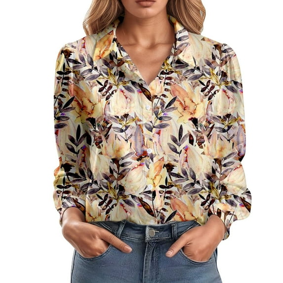 Womens Button Down Shirts Floral Printed Long Sleeve Lapel Collar Blouses Dressy Casual Business Work Tunic Tops Z004-Yellow XL