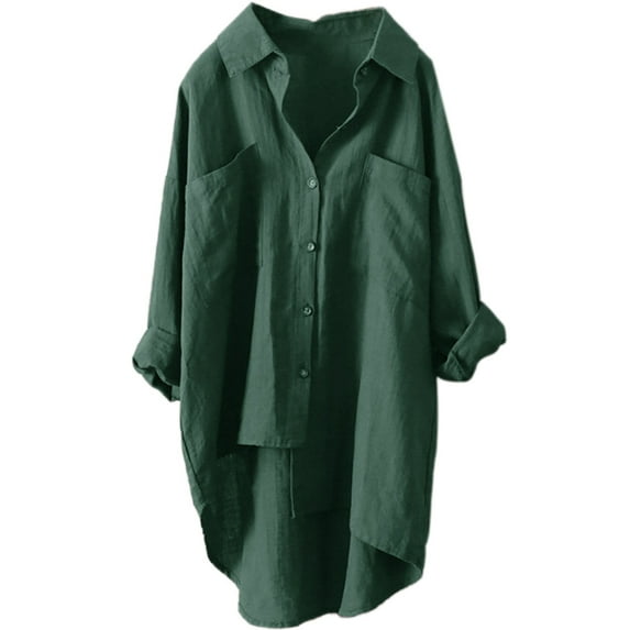 Womens Button Down Shirts High Low Hem Long Sleeve Blouse Casual Roll-up Tops Pockets