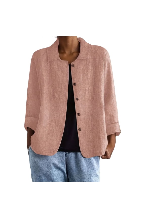 Womens Button Down Shirts Jacket Long Sleeve Cotton Linen Blazer Dressy Casual Peter Pan Collar Blouses