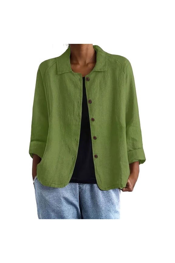 Womens Button Down Shirts Jacket Long Sleeve Cotton Linen Blazer Dressy Casual Peter Pan Collar Blouses