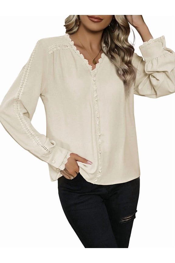 Womens Button Down Shirts Lace Cuff Long Sleeve Chiffon Dressy Tops Band Collar Fall Business Casual Blouses  L