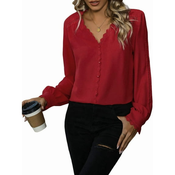 Womens Button Down Shirts Lace Cuff Long Sleeve Chiffon Dressy Tops Band Collar Fall Business Casual Blouses Red XL