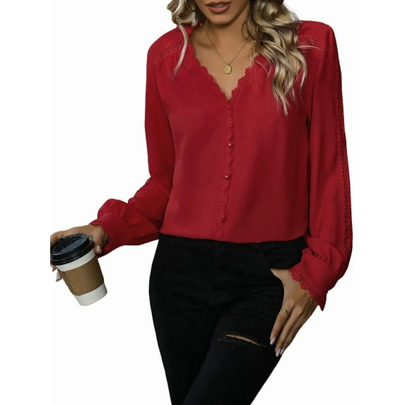Womens Button Down Shirts Lace Cuff Long Sleeve Chiffon Dressy Tops Band Collar Fall Business Casual Blouses Red XL