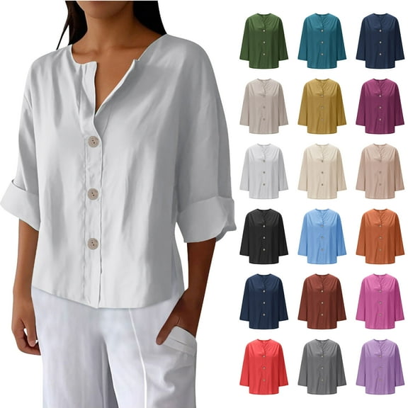 Womens Button Down Shirts Lapel Short Sleeve Shirt Collared Pocketed Casual Blouses Summer Tops 3/4 Loose And Linen Tops