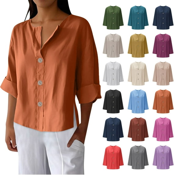 Womens Button Down Shirts Lapel Short Sleeve Shirt Collared Pocketed Casual Blouses Summer Tops 3/4 Loose And Linen Tops
