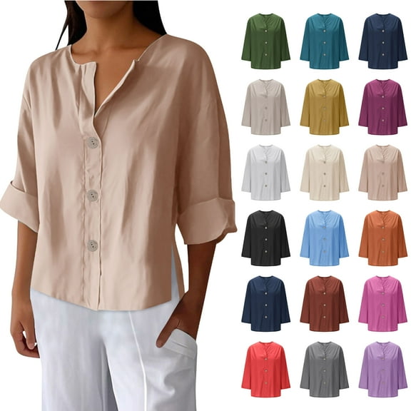 Womens Button Down Shirts Lapel Short Sleeve Shirt Collared Pocketed Casual Blouses Summer Tops 3/4 Loose And Linen Tops