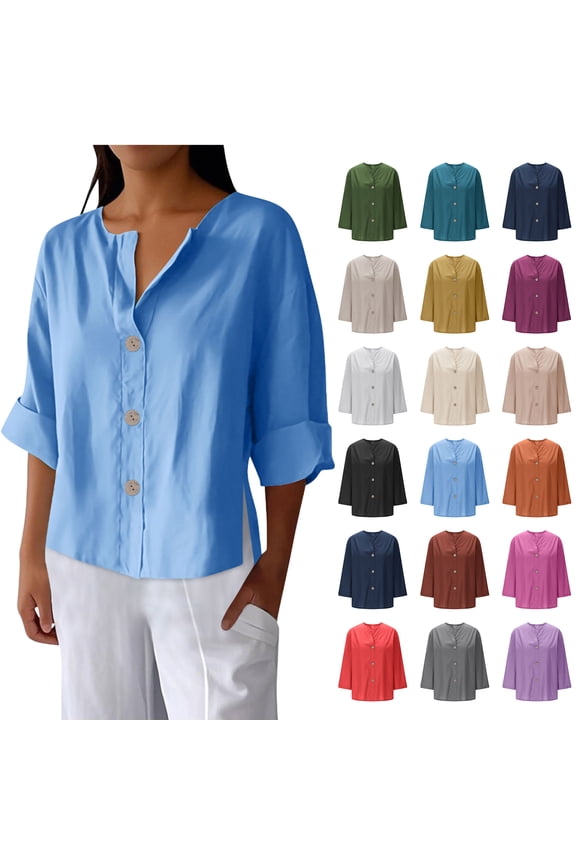 Womens Button Down Shirts Lapel Short Sleeve Shirt Collared Pocketed Casual Blouses Summer Tops 3/4 Loose And Linen Tops