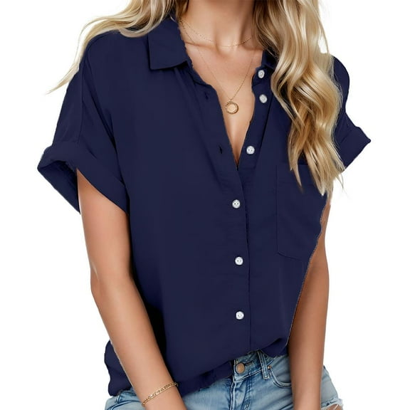 Womens Button Down Shirts Lapel Short Sleeve Shirt Collared Pocketed Casual Blouses Summer Tops
