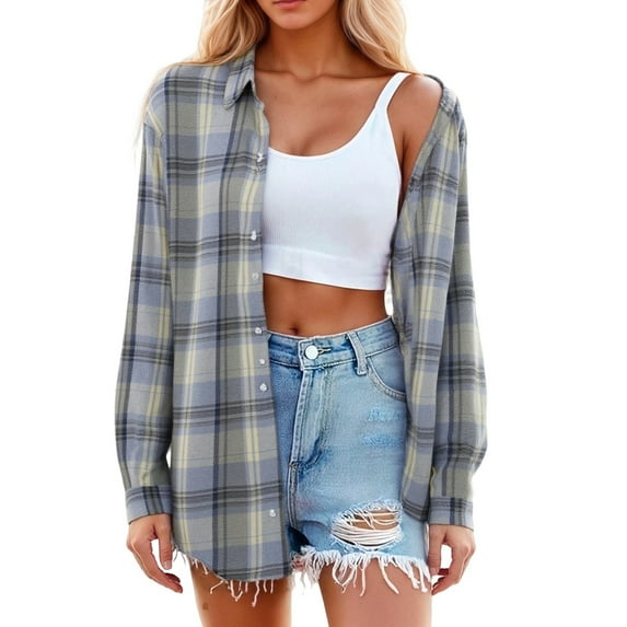 Womens Button Down Shirts Lightweight Plaid Long Sleeve Collared Jacket Tops Vintage Casual Business Loose Fit Blouses Sky Blue M