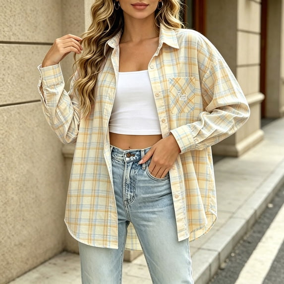 Womens Button Down Shirts Long Lightweight Sleeve Plaid Shirts Jackets Summer Loose Fit Casual Tops with Pockets (Light Yellow S)