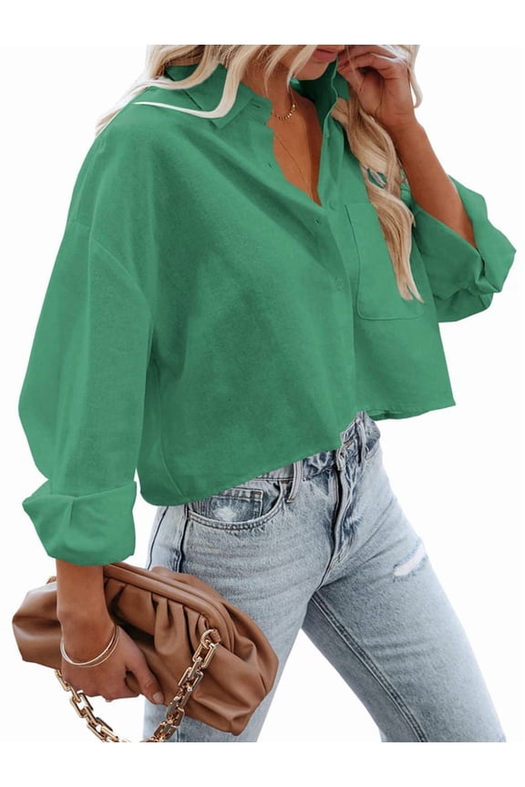 Womens Button Down Shirts Long Sleeve Casual Crop Tops Solid Lapel Blouse Shirt with Chest Pocket Emerald Green XXL