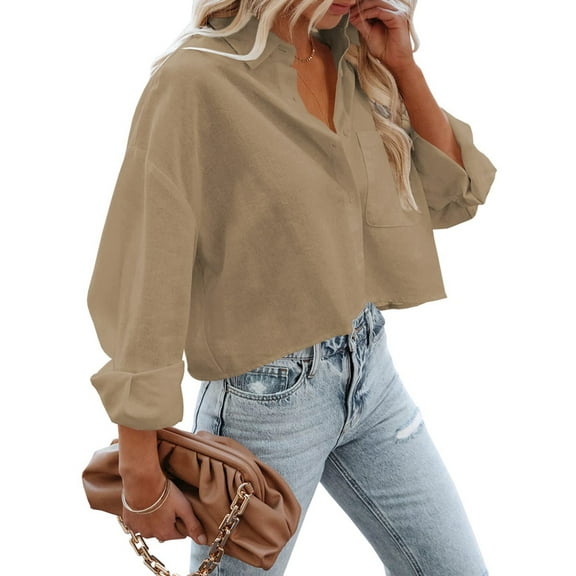 Womens Button Down Shirts Long Sleeve Casual Crop Tops Solid Lapel Blouse Shirt with Chest Pocket Khaki L