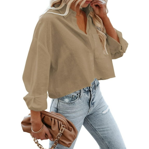 Womens Button Down Shirts Long Sleeve Casual Crop Tops Solid Lapel Blouse Shirt with Chest Pocket Khaki M